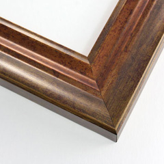 This elegant wood frame has a soft, tiered slop inwards which brings emphasis to its contents. The face of the frame is brushed bronze and gold with an antiqued finish. It gives off a dull shine in light.
